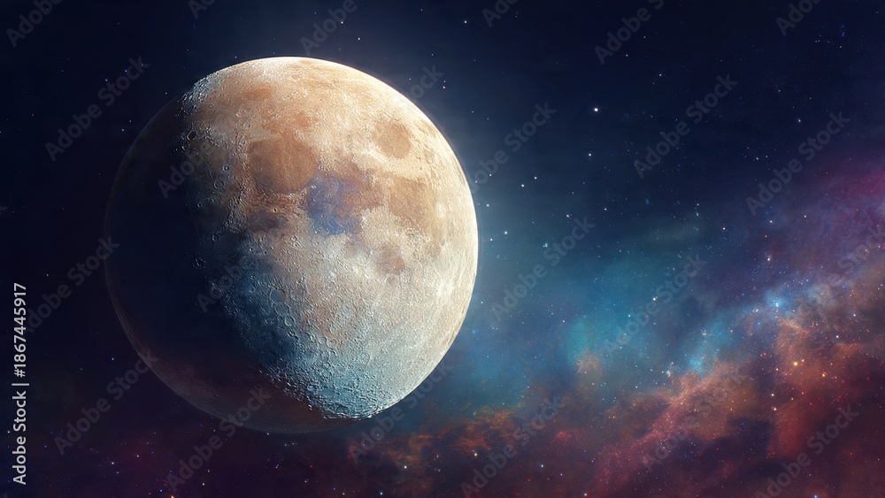Obraz premium Detailed view of a moon-like planet illuminated in deep space against a vibrant cosmic nebula background