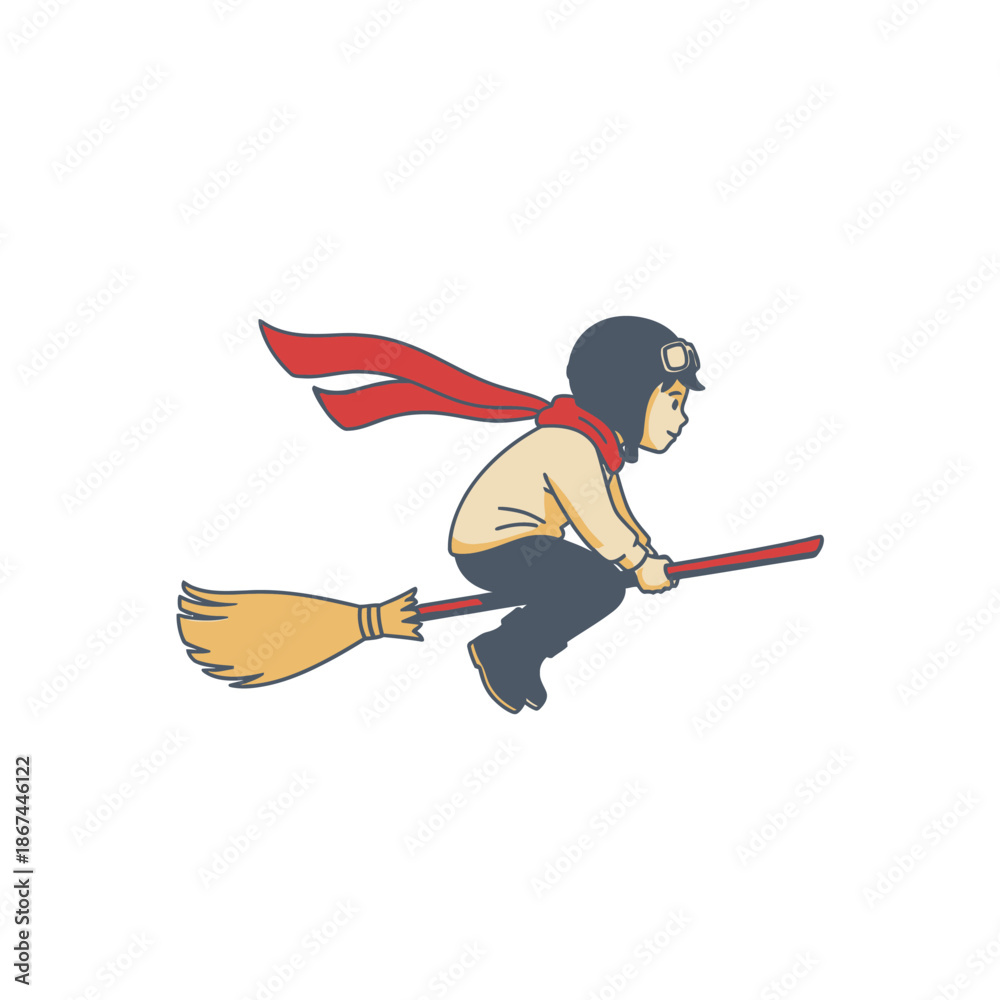 Fototapeta premium A whimsical cartoon boy, wearing a pilot's helmet and red scarf, joyfully soars on a magical broomstick, embodying childhood wonder and imaginative adventure.
