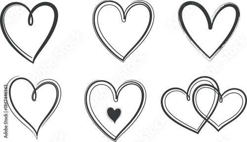 A collection of hand drawn heart shapes in various styles and sizes