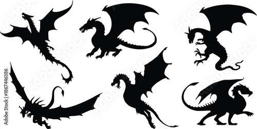 dragon, silhouette, mythical, creature, fantasy, flying, black, shape, isolated, transparent, graphic, design, vector, illustration, collection, set, pose, standing, wings, outlines, template, clipart