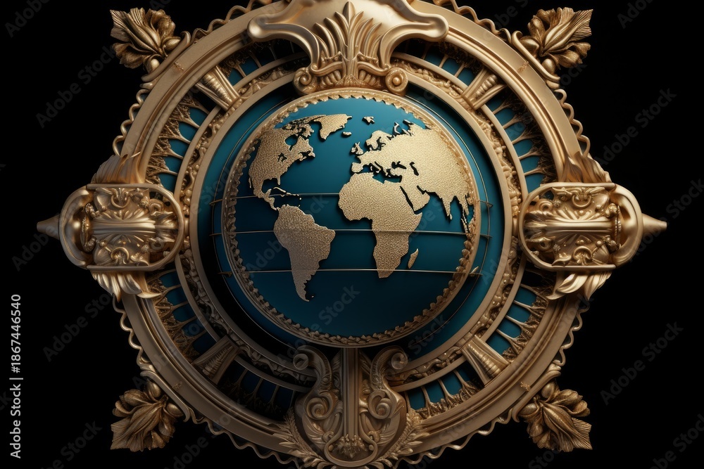 Obraz premium Golden ornate emblem featuring a textured world globe against a deep blue background