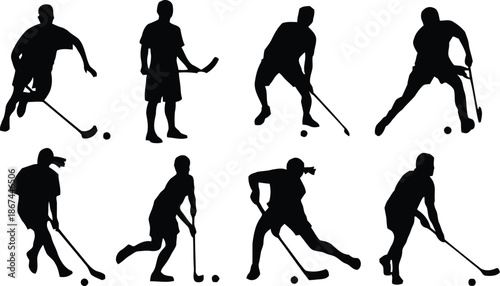 hockey, silhouette, player, field, sport, athlete, action, stick, ball, game, sportsman, active, people, vector, illustration, isolated, background, transparent, cutout, pose, running, dribbling, pass