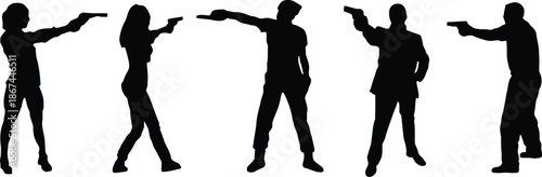 people, person, silhouette, gun, pistol, aiming, weapon, figure, dark, shape, holding, firearm, female, woman, man, male, armed, action, pose, preparedness, protection, crime, violence, threat, securi