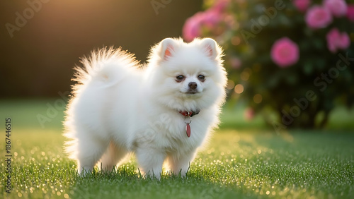 Cute White Pomeranian Puppy In Sunny Garden Background