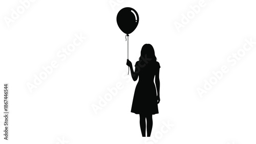 A silhouette of a girl holding a black balloon against a white background