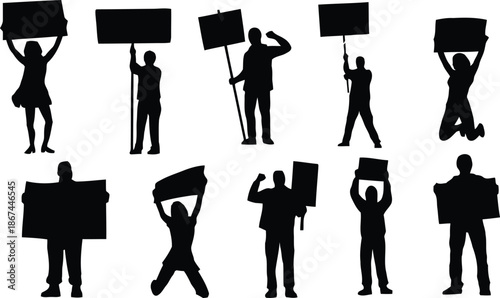 silhouette, people, sign, hand, vector, illustration, isolated, background, transparent, protest, demonstration, activism, opinion, figure, person, man, woman, holding, raising, pose, stance, movement