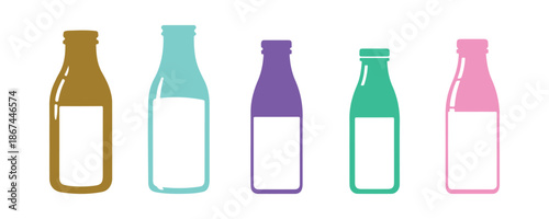 Group of flat design glass bottles containing isolated milk. Milk illustration in a flat style vector format.


