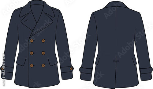Technical flat sketch of a navy blue double breasted pea coat for men featuring notched lapels, brown buttons, and epaulettes.