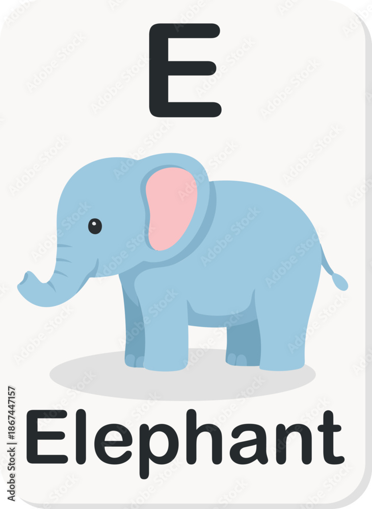 Obraz premium Alphabet Flashcard Letter E with Elephant for Kids Learning