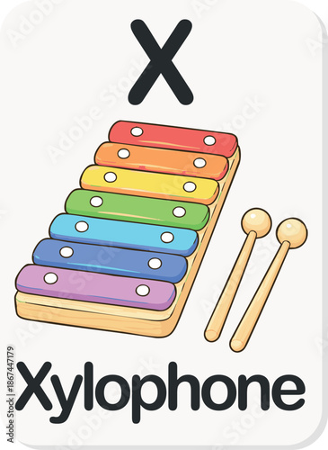 Alphabet Flashcard Letter X with Xylophone for Kids Learning