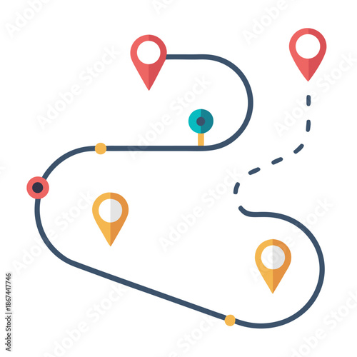 Minimal flat illustration of a travel route map with colorful location pins and a winding dashed path