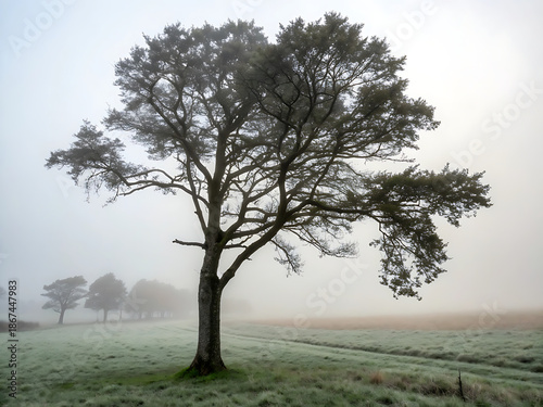 Solitary tree in foggy meadow