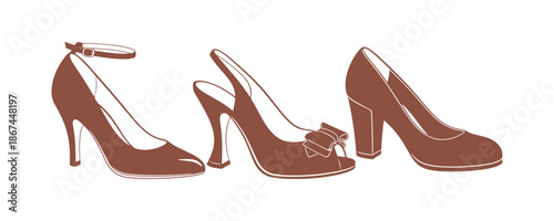 Realistic Hued Classic Retro Women's Shoes in Vintage Fashion Style, Elegant Heeled Footwear

