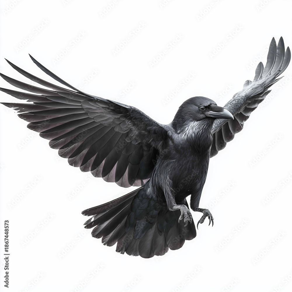 Obraz premium Black Raven with Wings Open Isolated on White Background, Powerful Flying Bird Symbol of Mystery, Intelligence and Dark Wildlife Nature Concept