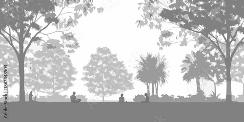 Silhouetted figures peacefully meditating amongst trees in a serene landscape