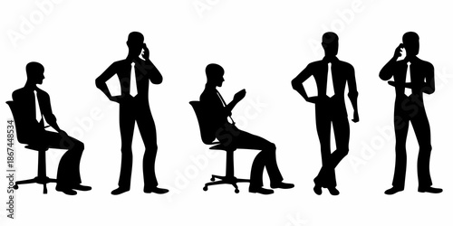 Silhouettes of business people in various poses seemingly discussing deals
