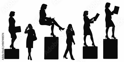 Silhouette series of women in business poses representing modern professional life