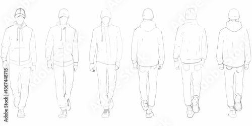 Fashion sketches of men wearing hooded jackets and pants front view