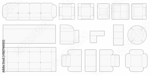 Various sofa and seating arrangements displayed in a technical top down blueprint style