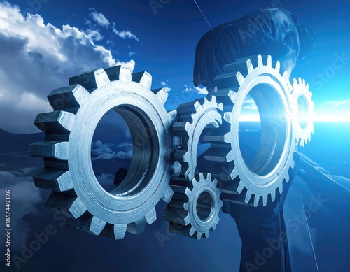 Metallic gears rotating with a backdrop of a bright blue sky with wispy clouds
