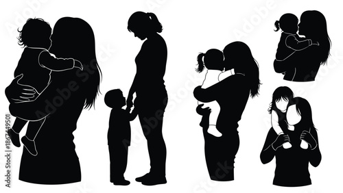 Silhouette illustrations of mothers and children in various tender and loving poses with family and love and vector and graphic and care and parenting