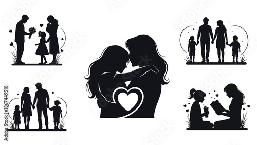 Black silhouette illustrations of loving family moments and parent child relationships in various tender scenes with love and heart and hearts