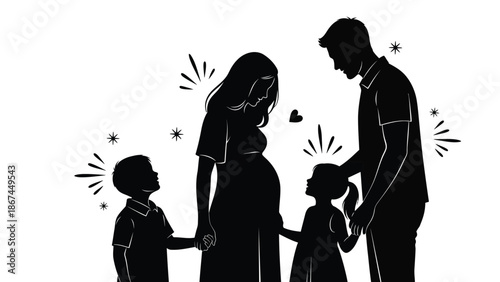 A loving family of four holding hands in a heartwarming moment with sparkles and a heart symbolizing love and unity in a simple black silhouette illustration on a white