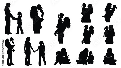 Black silhouettes of mothers and children in various poses and activities on white background with family and love and care and motherhood