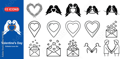 Valentine's Day Icon Set: A selection of elegantly designed icons celebrates love and connection, perfect for themed projects.