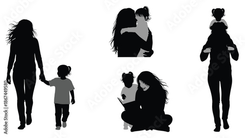 Silhouette illustrations of mothers and children in various tender moments and activities on white background with mother and child and family love