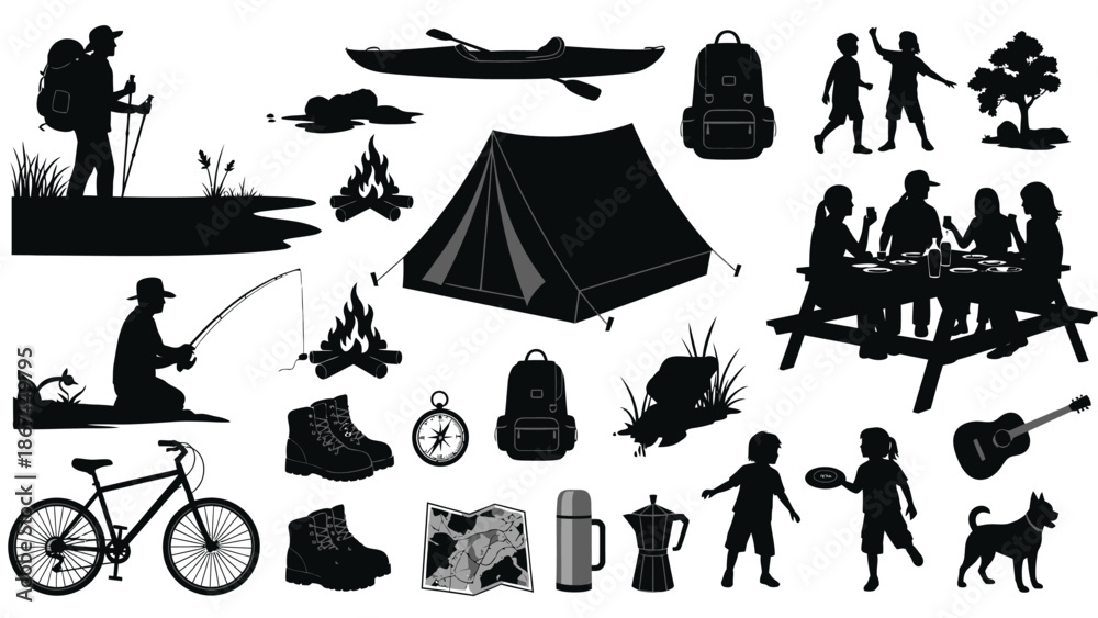 Obraz premium Black silhouettes of people enjoying outdoor activities like camping hiking fishing and picnicking with various equipment with leisure and adventure