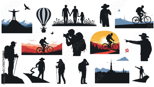 Collection of silhouette people enjoying outdoor recreational activities like hiking and cycling with scenic landscapes with silhouette illustration