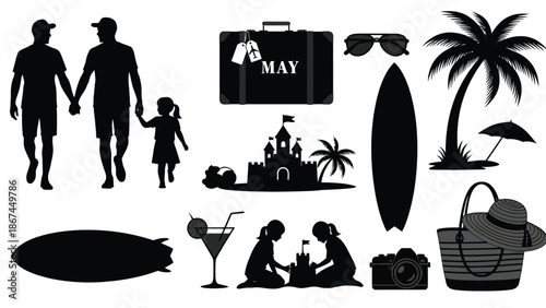 Black silhouettes of people on vacation with travel accessories and beach scenery with holiday and leisure and tourism and relaxation and fun