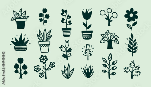 Collection of hand drawn botanical doodles featuring various potted plants and flower silhouettes
