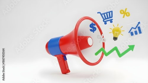 Red and blue megaphone with business-related icons, symbolizing promotion, marketing, and growth