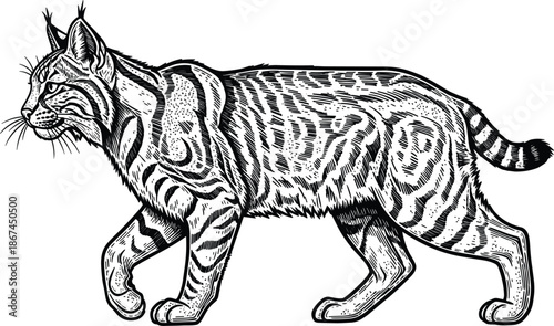 Black and White Woodcut Style Illustration of a Walking Bobcat with Striped Fur wild cat feline