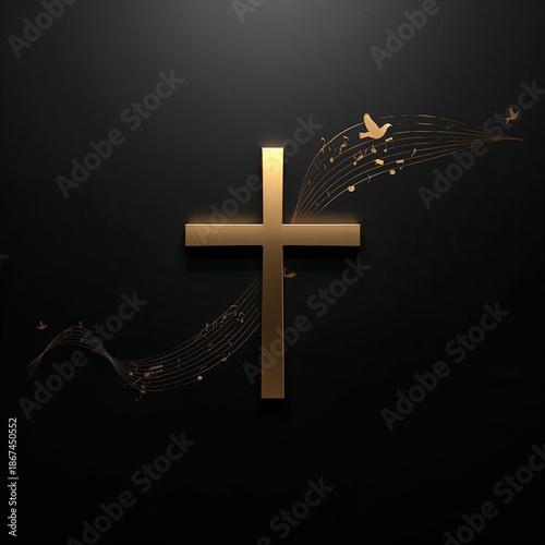 Radiant Golden Cross Symbolizing Faith, Hope, and Divine Harmony with Graceful Melodic Elements on a Serene Dark Background