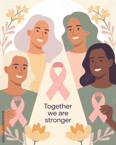 Diverse group of people holding pink ribbons with flowers and text