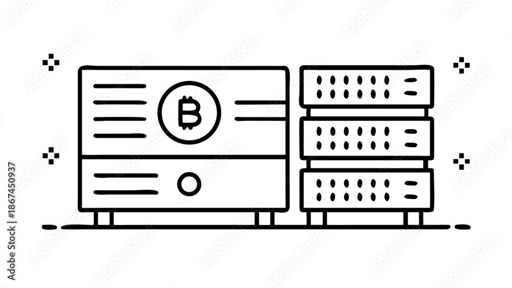 Fototapeta premium A high-quality minimalist vector icon of a stylized computer server rack with a large Bitcoin (B) symbol on the front, representing a mining node. Use clean, professional line art with balanced
