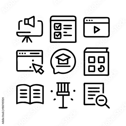Collection of modern icons representing digital education and learning
