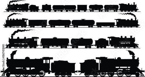 Silhouette of vintage steam train, old locomotive with wagons, railway transport illustration, cargo tanker cars, retro transportation concept, vector design