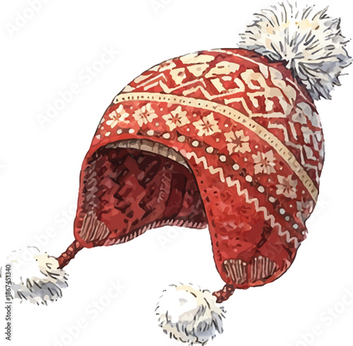 Red Patterned Earflap Hat with Pom Poms | Winter Knit Illustration