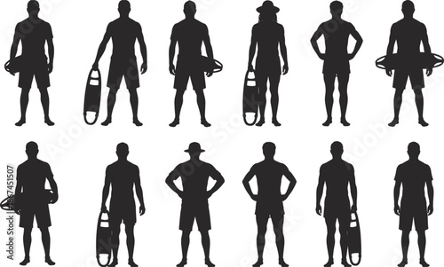 Collection Of Lifeguard Silhouettes In Various Poses With Rescue Buoys vector illustration