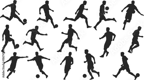 Collection of Soccer Player Silhouettes in Action with Footballs on White Background vector illustration