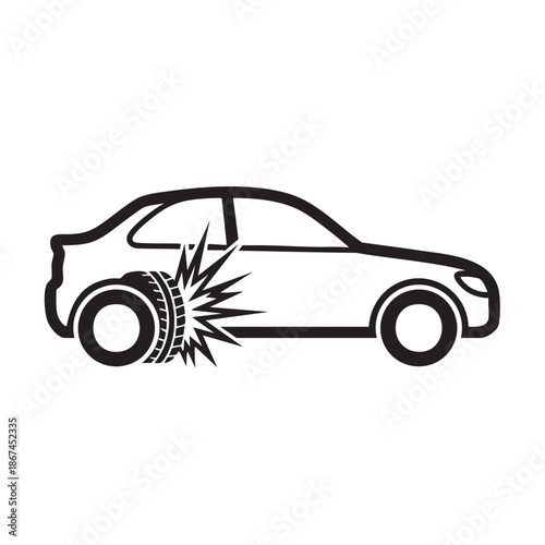 Flat icon of a car with a blown tire damage illustration