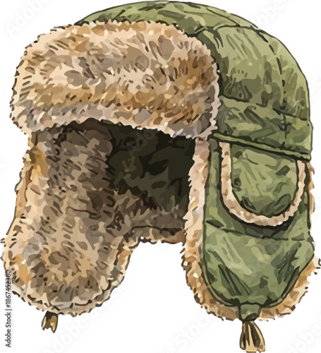 Green Fur Trimmed Trooper Hat with Earflaps | Winter Illustration