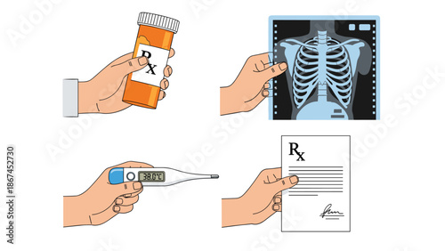 Collection of four vector illustrations showing hands holding various medical and healthcare items like a pill bottle, a chest x-ray, and a prescription.