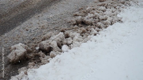 Slush ice, slurry mixture of small ice crystals, snow and liquid water. Slush forms when ice or snow melts during mixed precipitation with dirt and pollutants, resulting in gray or muddy brown color.