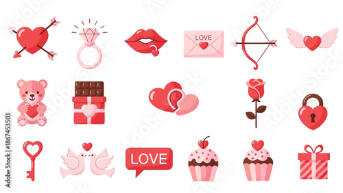Valentine's Day symbols and icons with hearts and love-themed illustrations