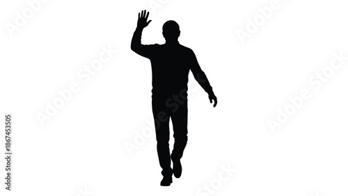 Silhouette of a person walking and waving their hand forward